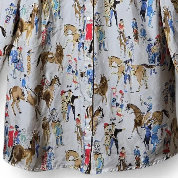 J.McLaughlin 100% Silk Equestrian Horse Print Blouse | Button Down Novelty Shirt - Picture 4 of 9